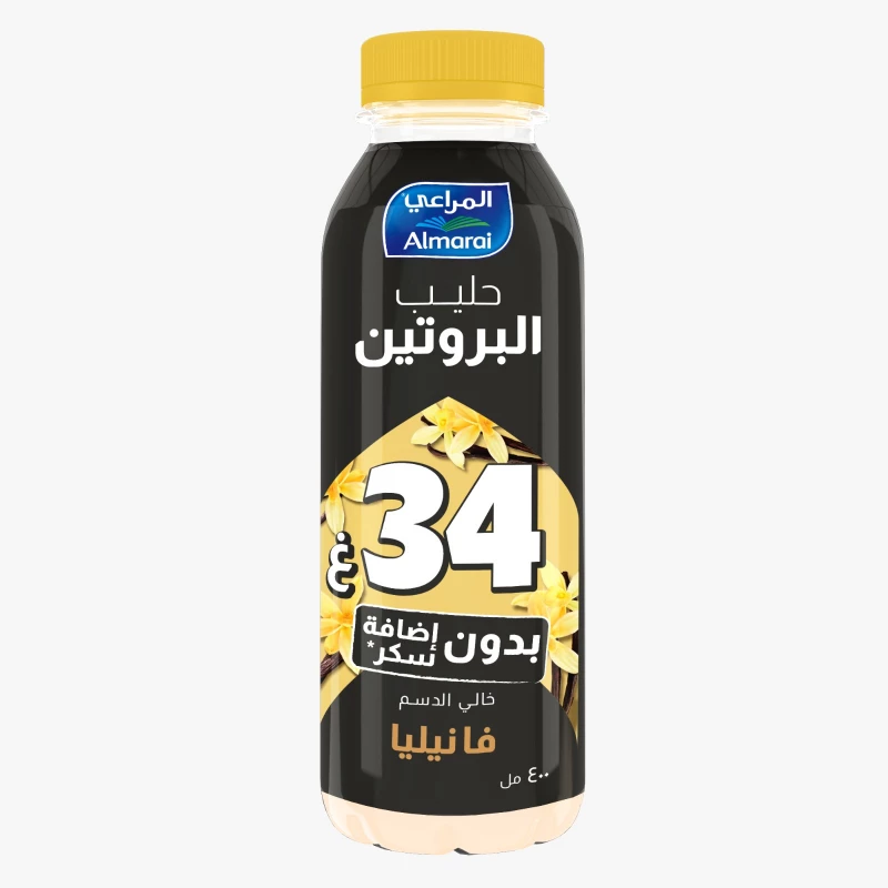 حليب بروتين المراعي بنكهة الفانيليا 400 مل، مشروب غني بالبروتين لتغذية معززة، بدون إضافة سكر، مدعم بالعناصر الغذائية الأساسية لتعافي العضلات، وطعم لذيذ، حجم مناسب للتغذية أثناء التنقل - المراعي
