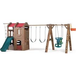Step2 Naturally Playful Adventure Lodge Play Center with Glider, Kids Outdoor Playset, Two Tier Backyard Playground Set, Slide, Swings, Rope Ladder, Basketball Hoop, Jungle Gym, Children 3-8 Years Old