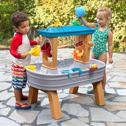 Step2 Rain Showers Splash Tub Water Play Table in gray offers a fun outdoor water play experience for toddlers Its interactive design stimulates exploration and imagination and is suitable for gardens and outdoor yards - Step2 - Image 4