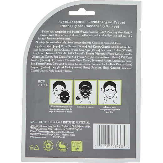 Palmer's Skin Success GLOW Purifying Sheet Mask-With Natural Charcoal-Clears & Refines Pores-Purifies from dirt, pollution and oil-No Paraben,Sulphate,Dyes,Mineral Oil-18ml - Palmer's - Image 2