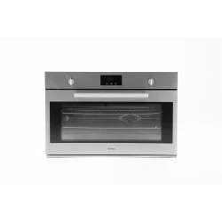 Conti stainless steel oven with a 125-liter capacity, 90 cm wide, equipped with a digital display and two cooking fans, a rotisserie and telescopic rack, a soft-close door, an easy-clean interior with two deep baking trays, made in Italy