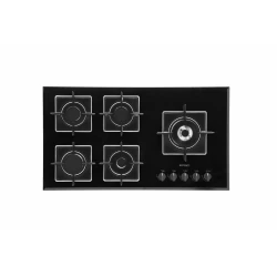 Conti Black Glass Gas Hob, 5 Burners with Defendi Triple Burner, Heavy Cast Iron Pan Supports, One-Hand Auto Ignition, Safety Valve, Elegant Black Glass Design – High Performance Italian Quality Cooking  90 cm