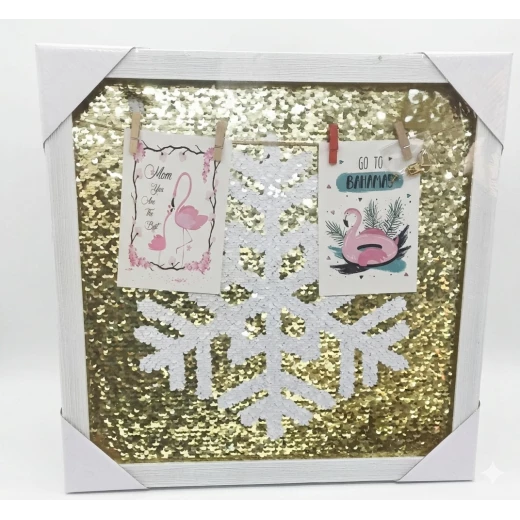 Interactive "Snowflake" Panel with Gold Sequins, 43.5 cm | Modern Winter Wall Frame with Clips for Hanging Photos and Memories - Luxurious and Elegant Home and Bedroom Decor, Transformable with a Touch of a Hand - Lolo shop home - Image 2