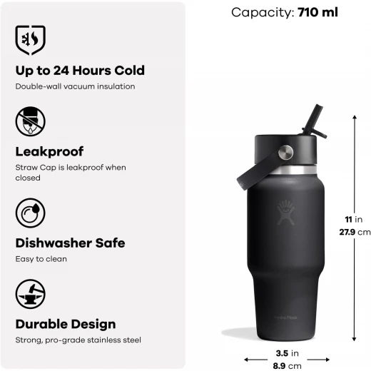 Hydro Flask Wide Flex Straw Travel Bottle 24 oz (710 ml) Black, Insulated Water Flask - Hydro Flask - Image 3