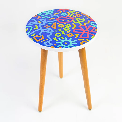 Modern Circular Wooden Side Table Featuring Vibrant Abstract Blue Pattern (35cm x 47cm) Modern Circular Wooden Side Table Featuring Vibrant Abstract Blue Pattern (35cm x 47cm)