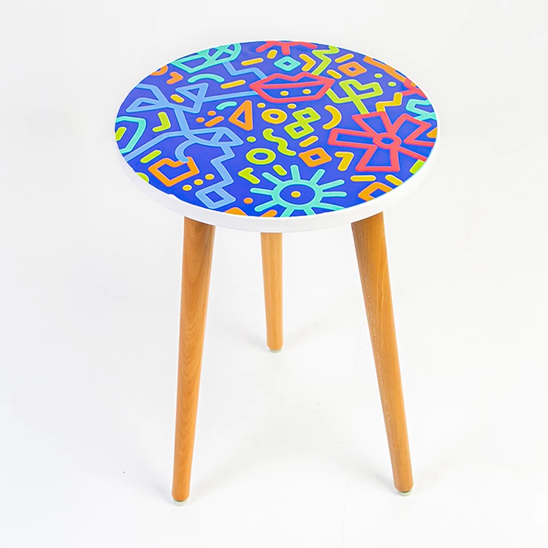 Modern Circular Wooden Side Table Featuring Vibrant Abstract Blue Pattern (35cm x 47cm) - King Hussein Cancer Foundation
