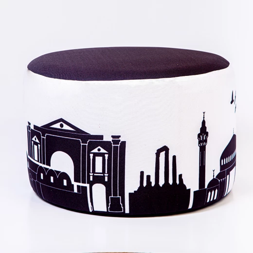 Modern Ottoman bench – an artistic design of Amman's landmarks in black and white (the Roman Amphitheater and the Citadel) Modern Ottoman bench – an artistic design of Amman's landmarks in black and white (the Roman Amphitheater and the Citadel)