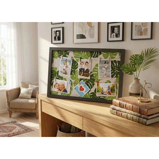 Stylish photo frame with strings and clips – modern design with green tropical leaves – 63x34 cm, adds a natural artistic touch to home decor with easy photo changing and attractive display Stylish photo frame with strings and clips – modern design with green tropical leaves – 63x34 cm, adds a natural artistic touch to home decor with easy photo changing and attractive display