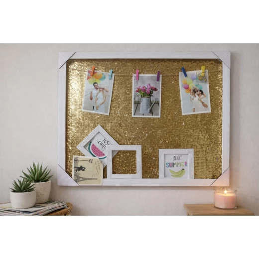 Our interactive Moments Frame is perfect for documenting your most beautiful family memories with a touch of luxury and elegant gold glitter. Measuring 61x51 cm, it's ideal for displaying photos and special moments in a modern style Our interactive Moments Frame is perfect for documenting your most beautiful family memories with a touch of luxury and elegant gold glitter. Measuring 61x51 cm, it's ideal for displaying photos and special moments in a modern style