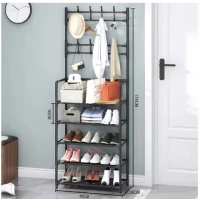Modern Home Entryway Metal Coat Rack with Shoe Rack 4 Tier Black Organizer for Entryway Hallway with 10 Hooks and Storage Shelf, Sturdy Design