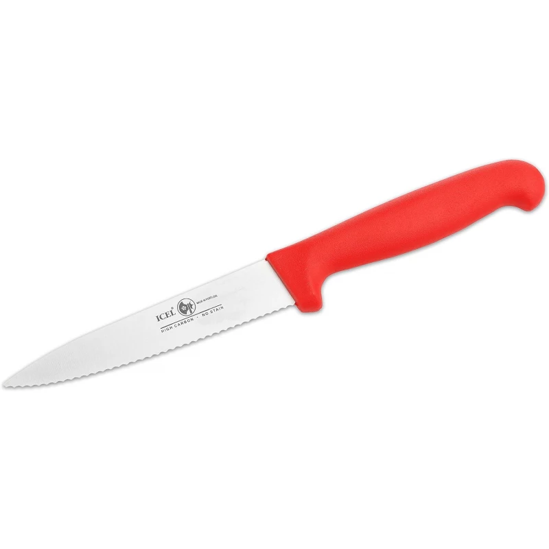 Icel Paring Knife Wavy Edge 10cm Red Handle Stainless Steel Kitchen Knife for Precise Cutting and Peeling of Fruits and Vegetables Excellent Quality Durable Design Ergonomic Grip