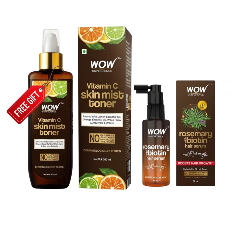 مجموعة WOW Skin Science للعناية بالشعر والبشرة - سيروم تقوية وتجديد الشعر بالروزماري والبيوتين 50 مل + تونر فيتامين سي للبشرة 200 مل مجاناً، تركيبة مغذية تدعم صحة الشعر وتمنح البشرة إشراقة ونضارة يومية - واو سكين ساينس