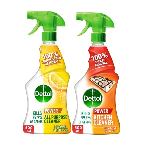 مجموعة منظف المطبخ من Dettol 2 × 500 مل – Orange Burst و Lemon Squeeze، تركيبة قوية لإزالة الدهون والبقع الصعبة، تمنح الأسطح نظافة عميقة ولمعاناً فورياً مع حماية مضادة للبكتيريا
