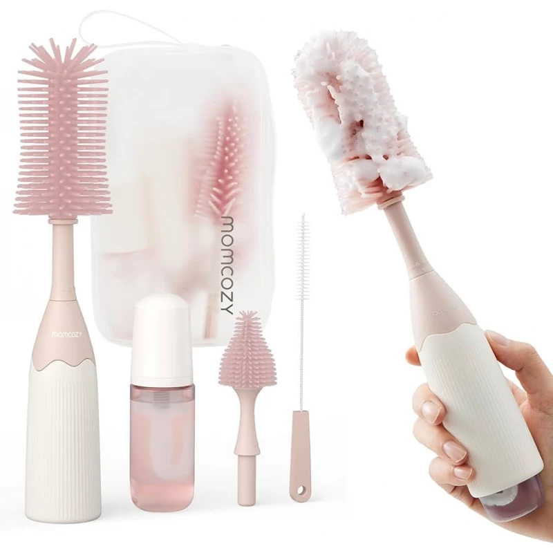 Momcozy Bottle Brush Kit for Baby Bottles and Feeding Tools – Innovative Push‑Press Foam Design – Pink Color – Easy, Safe, and Thorough Cleaning, BPA-Free - Momcozy