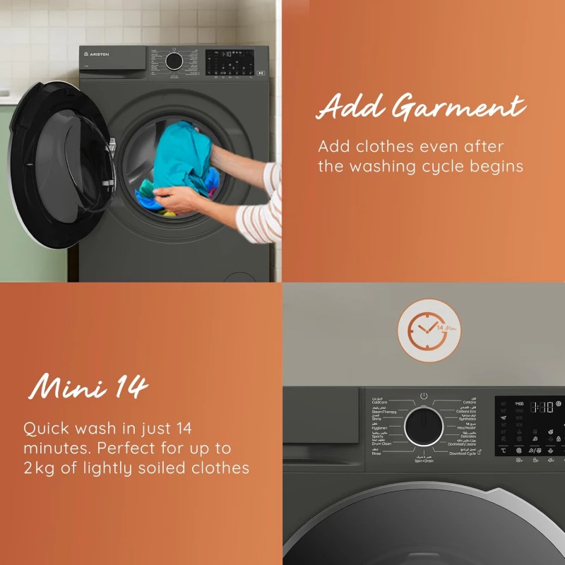 Ariston 10KG Front Load Washing Machine 1400RPM with Steam Therapy, ProSmart Inverter Motor, WiFi Home Whiz App, Add Garment, Mini 14 Quick Wash, Made in Turkey, Manhattan Gray ARWF 10143D MMJ | Home & Kitchen | Large Appliances | Washing Machines & Dryer Ariston 10KG Front Load Washing Machine 1400RPM with Steam Therapy, ProSmart Inverter Motor, WiFi Home Whiz App, Add Garment, Mini 14 Quick Wash, Made in Turkey, Manhattan Gray ARWF 10143D MMJ | Home & Kitchen | Large Appliances | Washing Machines & Dryer
