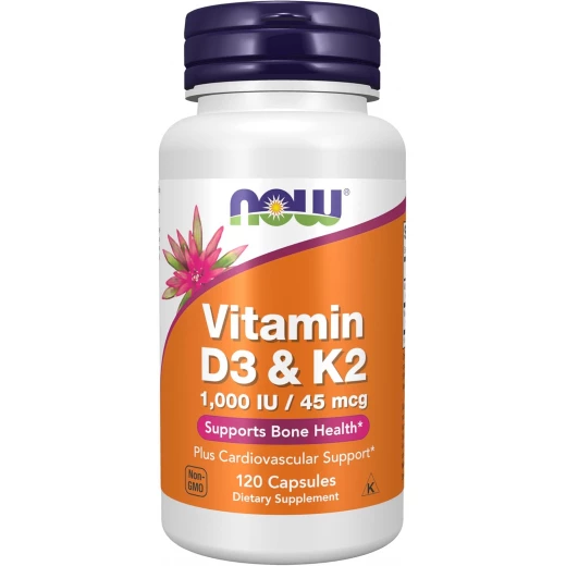 NOW Supplements, Vitamin D-3 & K-2, 1,000 IU/45 mcg,Plus Cardiovascular Support*, Supports Bone Health*, 120 veg Capsules NOW Supplements, Vitamin D-3 & K-2, 1,000 IU/45 mcg,Plus Cardiovascular Support*, Supports Bone Health*, 120 veg Capsules