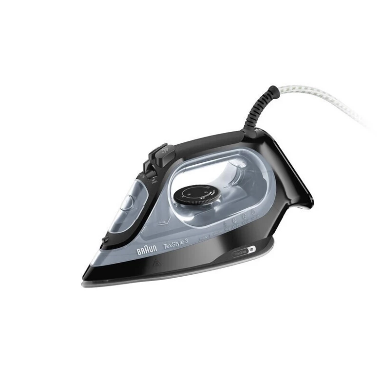 مكواة بخار براون TexStyle 3 SI 3055 باللون الأسود بقوة 2400 واط، تقنية FreeGlide 3D لانزلاق سلس، قاعدة سيراميك، تسخين سريع، نظام منع التقطير وإيقاف تلقائي، مثالية لإزالة التجاعيد بسهولة ونتائج مثالية