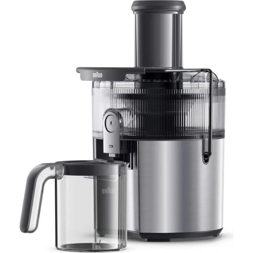 عصارة براون MultiJuice 7 SJ7000 بقوة 1000 واط، تصميم ستانلس ستيل رمادي أنيق، فتحة إدخال واسعة 75 مم، تقنية FastXtract وColdXtract لاستخلاص سريع مع الحفاظ على الفيتامينات، مثالية لتحضير عصائر طازجة بسهولة - Image 4