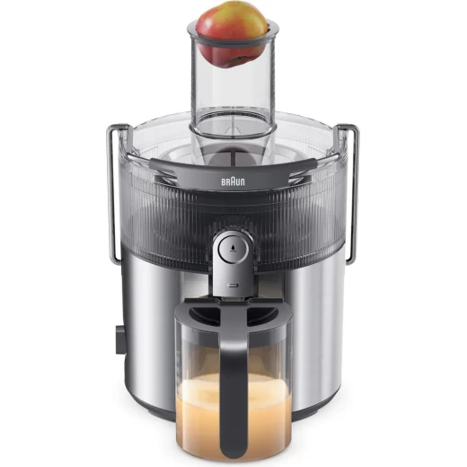 عصارة براون MultiJuice 7 SJ7000 بقوة 1000 واط، تصميم ستانلس ستيل رمادي أنيق، فتحة إدخال واسعة 75 مم، تقنية FastXtract وColdXtract لاستخلاص سريع مع الحفاظ على الفيتامينات، مثالية لتحضير عصائر طازجة بسهولة - Image 5