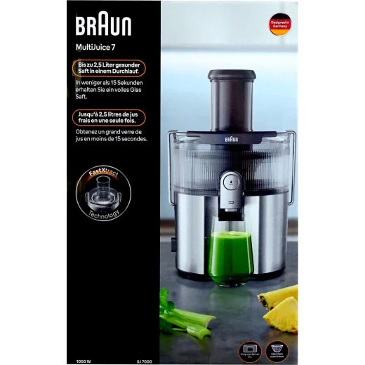 عصارة براون MultiJuice 7 SJ7000 بقوة 1000 واط، تصميم ستانلس ستيل رمادي أنيق، فتحة إدخال واسعة 75 مم، تقنية FastXtract وColdXtract لاستخلاص سريع مع الحفاظ على الفيتامينات، مثالية لتحضير عصائر طازجة بسهولة - Image 2
