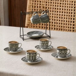 Karaca Altos 6 Person Coffee Cup Set with Elegant Metal Stand, Featuring 6 Cups and Saucers, Stunning Black Design, Perfect for Entertaining and Daily Use, Durable and Stylish