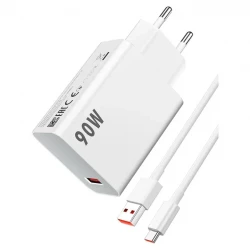 شاحن شاومي 90W HyperCharge Combo شاحن حائط سريع جداً مع كابل USB-C تقنية شحن فائق السرعة 90 واط للأجهزة الذكية والهواتف والتابلت، لون أبيض
