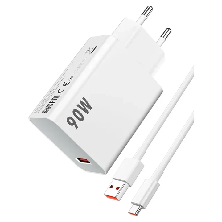 شاحن شاومي 90W HyperCharge Combo شاحن حائط سريع جداً مع كابل USB-C تقنية شحن فائق السرعة 90 واط للأجهزة الذكية والهواتف والتابلت، لون أبيض - شاومي