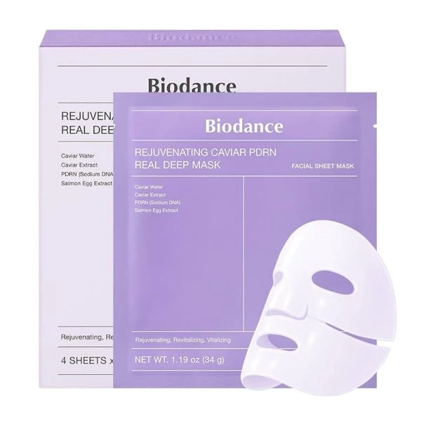 Biodance Rejuvenating Caviar PDRN Real Deep Mask 34g x 4pcs – Intensive Korean sheet mask infused with caviar extract and PDRN to deeply nourish, hydrate, and revitalize skin, helping improve elasticity, smooth texture, and restore a youthful radiant glow - Biodance