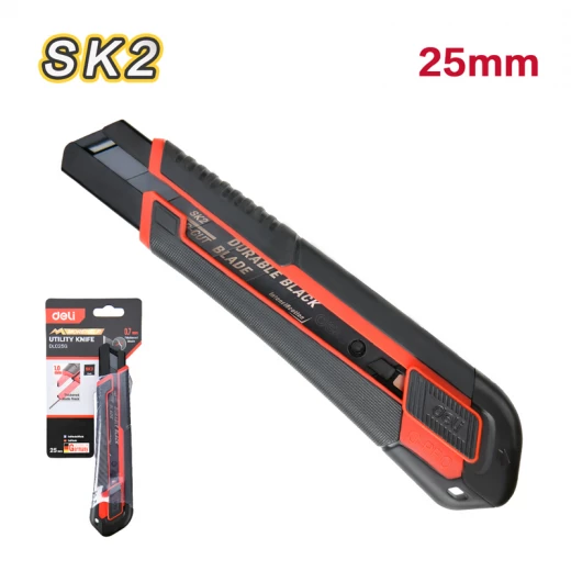 Deli 25mm Snap Off Utility Knife Heavy Duty Black SK2 Blade with Secure Grip and Blade Storage for Precise Cutting Tasks 25 mm Wide Blade - Deli - Image 3