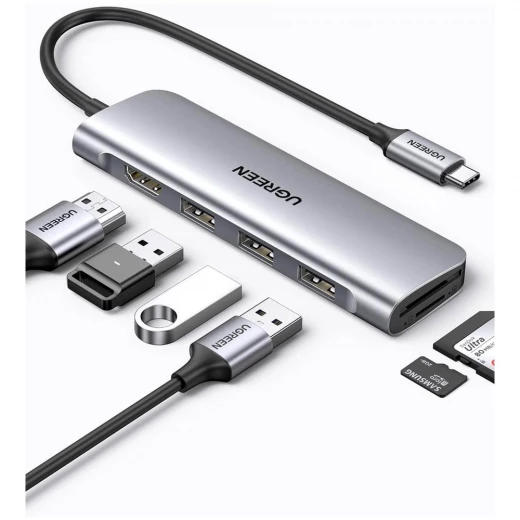 محول يو جرين 6 في 1 USB-C منفذ HDMI 4K قارئ بطاقات SD/TF 3 منافذ USB 3.0 محول يو جرين 6 في 1 USB-C منفذ HDMI 4K قارئ بطاقات SD/TF 3 منافذ USB 3.0