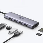 محول يو جرين 6 في 1 بمنفذ USB-C، منفذ HDMI، 3 منافذ USB 3.0، قارئ بطاقات SD/TF، رمادي - يوجرين