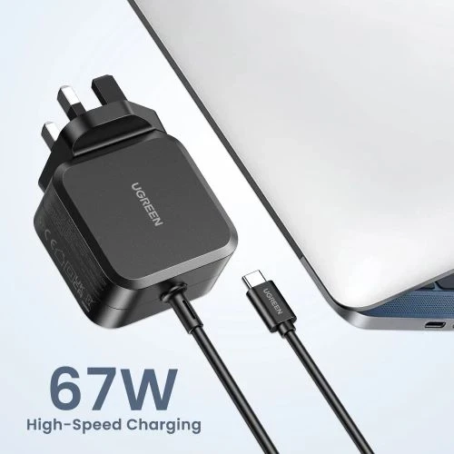 شاحن يو جرين X377 بقوة 67 واط بمنفذ USB C وتقنية جان مع 3 موصلات شاحن يو جرين X377 بقوة 67 واط بمنفذ USB C وتقنية جان مع 3 موصلات