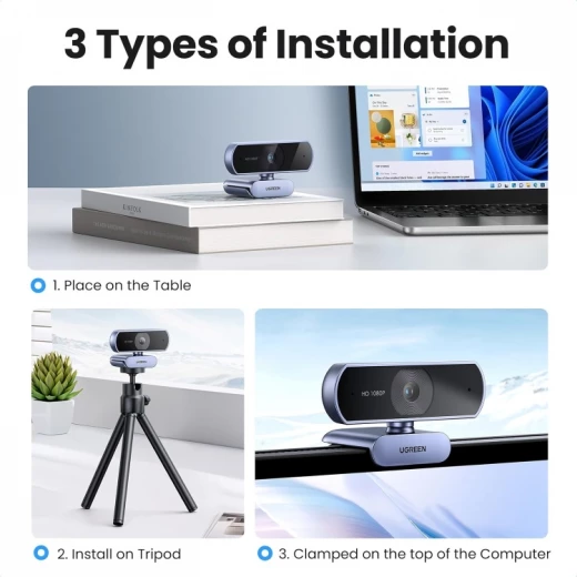 كاميرا ويب Ugreen CM678 USB عالية الدقة رمادي 1080 بكسل ميكروفونات مزدوجة - يوجرين - Image 3