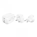 شاحن حائط Belkin 3 منافذ 100 واط GaN، شحن سريع لأجهزة iPhone و Samsung، أبيض - بيلكين