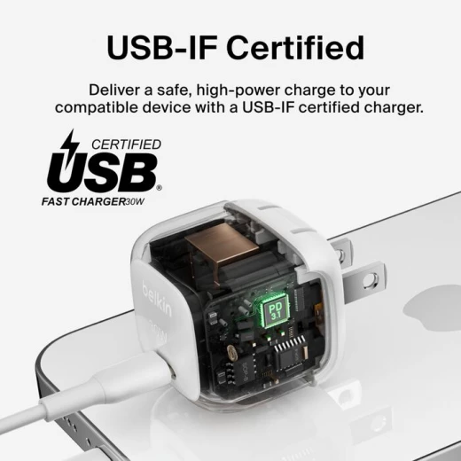 شاحن حائط بلكين 30 واط USB-C، شحن سريع لأجهزة iPhone و Samsung و iPad و AirPods، أبيض - بيلكين - Image 5
