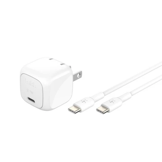 شاحن حائط بلكين 30 واط USB-C، شحن سريع لأجهزة iPhone و Samsung و iPad و AirPods، أبيض شاحن حائط بلكين 30 واط USB-C، شحن سريع لأجهزة iPhone و Samsung و iPad و AirPods، أبيض
