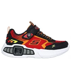 Skechers Boys' S Lights Light Storm 3.0 Athletic Sneakers Black Red Mesh Upper Multicolor Light Up Tech Piece Midsole Stretch Laces Instep Strap Size 31