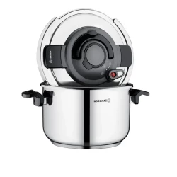 Korkmaz Stainless Steel Pressure Cooker 5 Liters Silver Black Ideal for Efficient and Healthy Cooking with Durable Construction