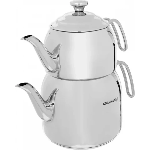 Korkmaz Double Steel Turkish Tea Set 1.1 and 2.3 Liter Silver for Authentic Tea Brewing - Korkmaz - Image 2