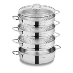 Korkmaz Perla Double Stainless Steel Saucepan 28cm Silver with Glass Lid Set of 2 Pieces