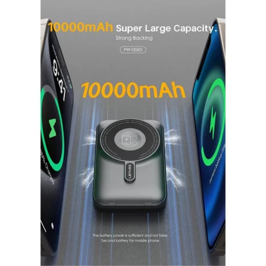 Lenyes PW1006D Magnetic Wireless Power Bank 10000mAh 27W PD Fast Charging 15W MagSafe Output Built-in Kickstand Digital Display Black - Lenyes - Image 3