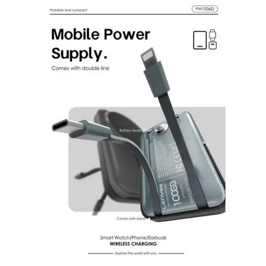 Lenyes PW1006D Magnetic Wireless Power Bank 10000mAh 27W PD Fast Charging 15W MagSafe Output Built-in Kickstand Digital Display Black - Lenyes - Image 4