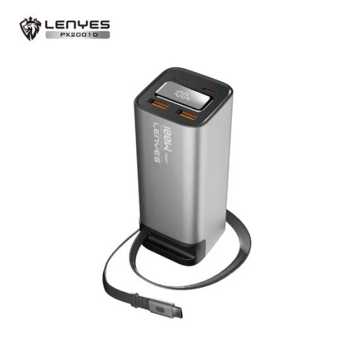 Lenyes PX2001D 20000mAh Power Bank 100W USB-C Fast Charging Laptop Compatible Built-in Retractable Cable Silver