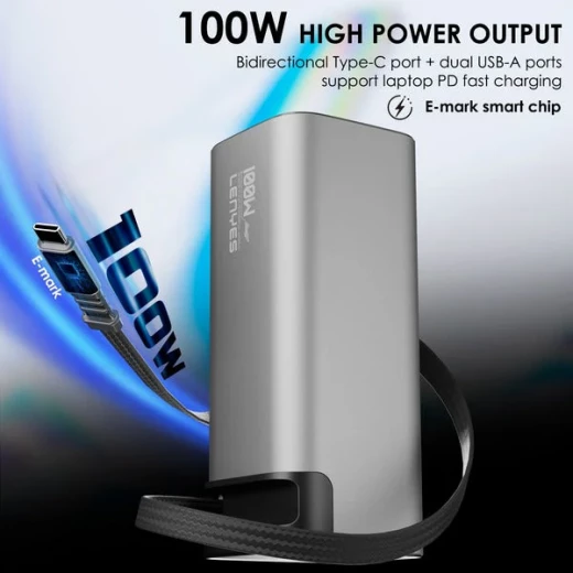 Lenyes PX2001D 20000mAh Power Bank 100W USB-C Fast Charging Laptop Compatible Built-in Retractable Cable Silver - Lenyes - Image 3