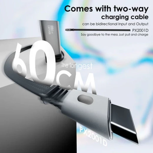 Lenyes PX2001D 20000mAh Power Bank 100W USB-C Fast Charging Laptop Compatible Built-in Retractable Cable Silver - Lenyes - Image 4