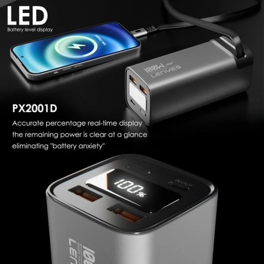 Lenyes PX2001D 20000mAh Power Bank 100W USB-C Fast Charging Laptop Compatible Built-in Retractable Cable Silver - Lenyes - Image 2