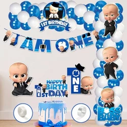 Boss Baby Kids' Birthday Party Pack | 10 Plates + 10 Cups + 1 Tablecloth + Napkins + 6 Popcorn Boxes + 3-Meter Party Banner + 10 Balloons