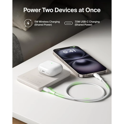 بيلكن BoostCharge بنك طاقة مغناطيسي بسعة 5000mAh | شاحن محمول نحيف مع حلقة مغناطيسية ومنفذ USB-C | بطارية إضافية للآيفون وجالاكسي وPixelSnap والآيباد والأجهزة اللوحية | كابل USB-C مرفق | اللون رملي - بيلكين - Image 7