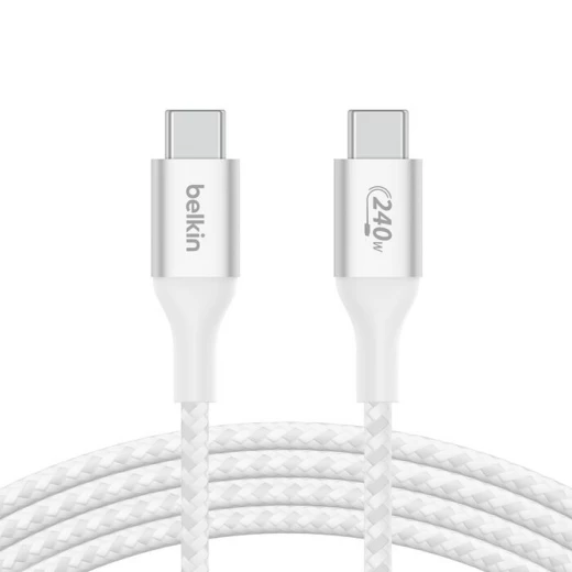 كابل بييلكين معتمد من USB-IF مضفر بقوة 240 واط من USB-C إلى USB-C بطول 1 متر أبيض للشحن السريع لأجهزة اللابتوب والأجهزة اللوحية والهواتف الذكية - بيلكين - Image 3