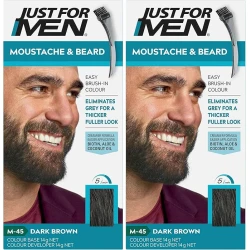 Just for men Moustache & Beard, Beard Dye For Grey Hair With Brush Included, Eliminates Grey For A Thicker & Fuller Look - Colour: Dark Brown, M-45, 2 Count (Pack of 2)